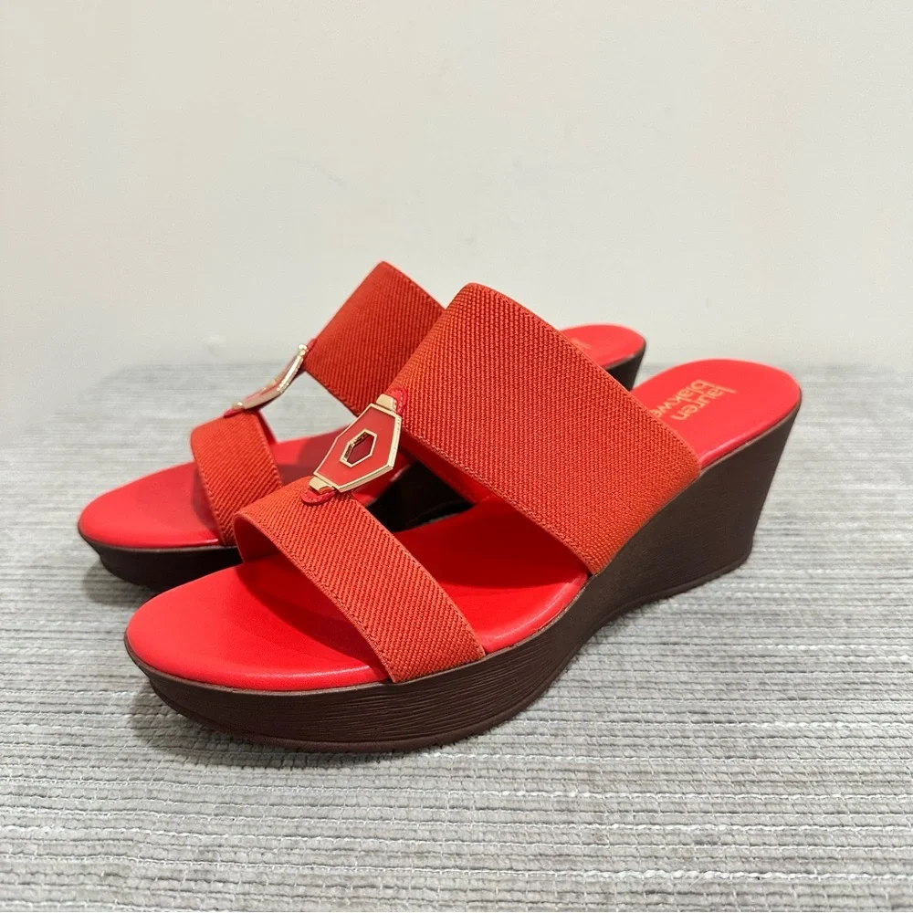 Lauren Blakwell Women's Coral Red Stretch Wedge Sandals - Size 10‎ NWOT